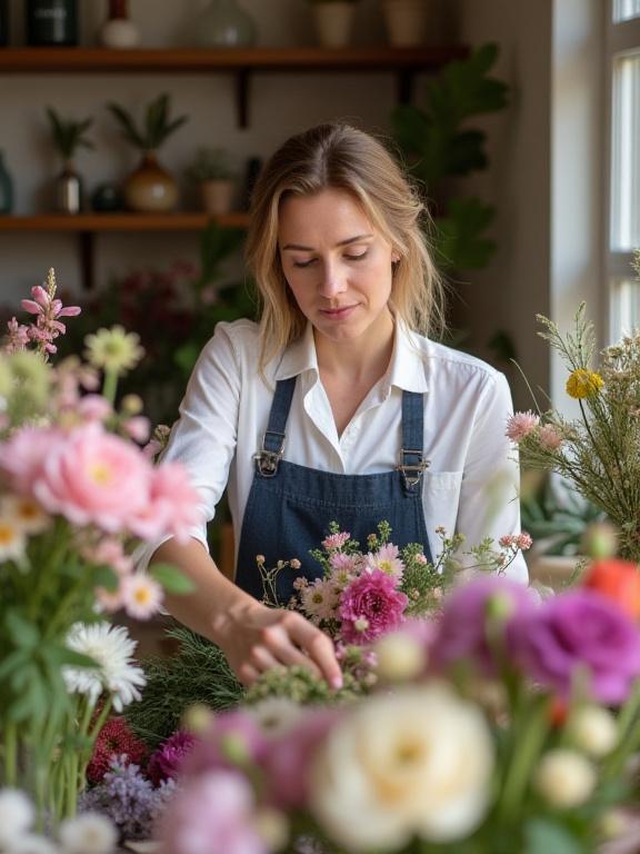 Grundaren Elina Bergström som arrangerar blommor i sin butik.