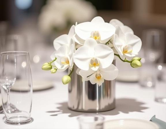 Detaljbild på en stilren bordsdekoration för ett företagsevent, med vita orkidéer och moderna vaser.
