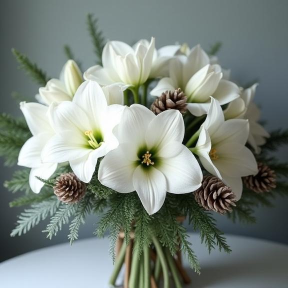 En elegant vinterbukett med vita amaryllis, grankvistar och kottar i dova, frusna färger.