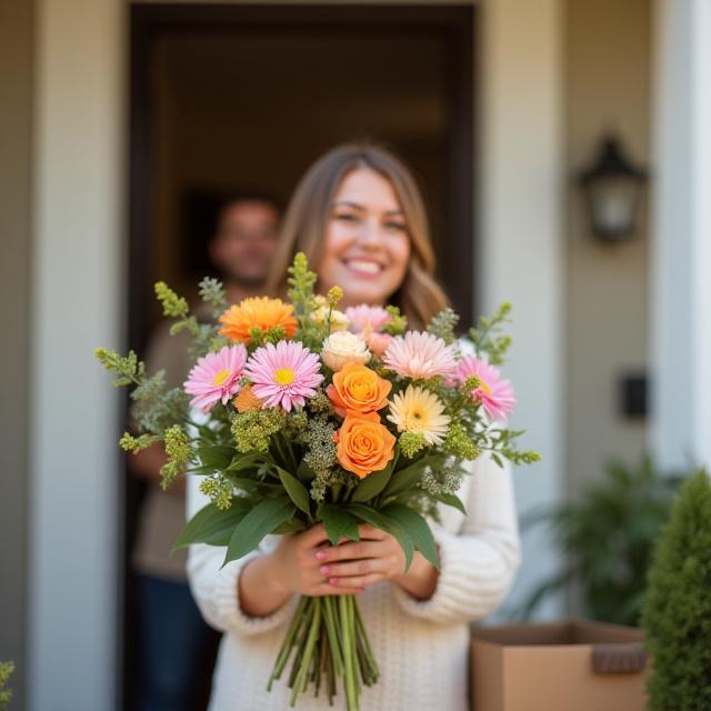 En person som tar emot en leverans av färska blommor vid sin dörr.