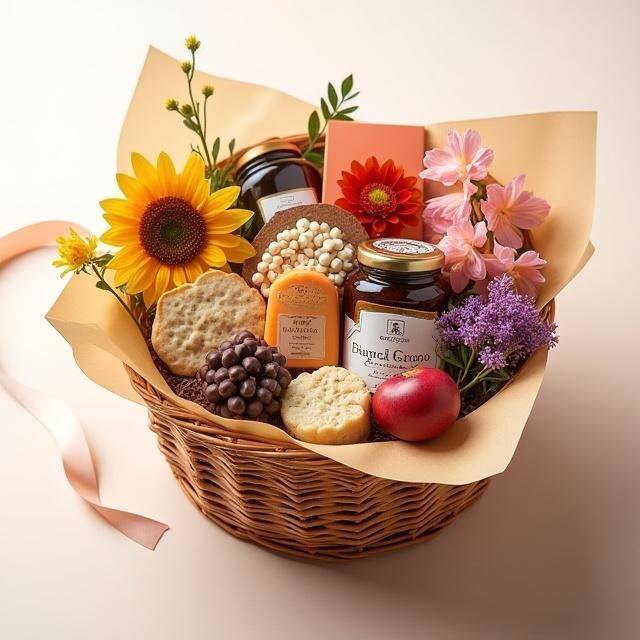 En elegant inslagen gåvokorg fylld med delikatesser och blommor.