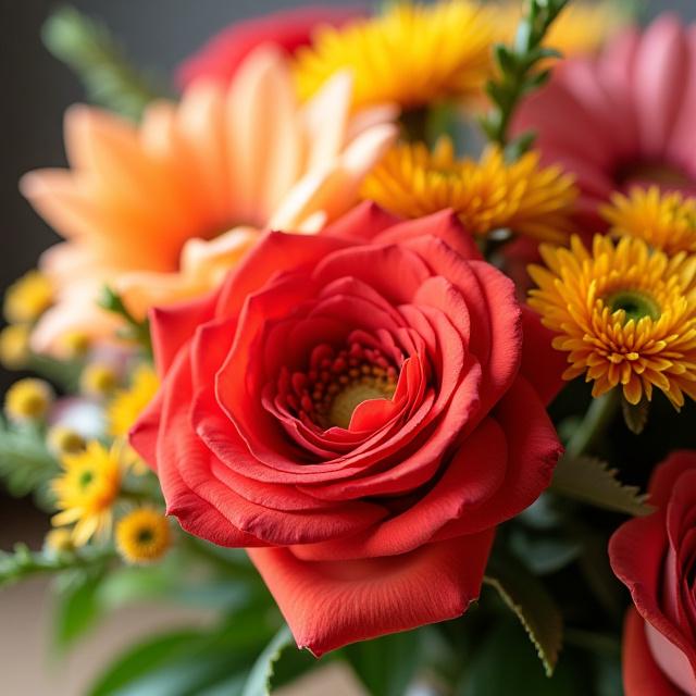 Närbild på en färgstark, skräddarsydd blombukett.